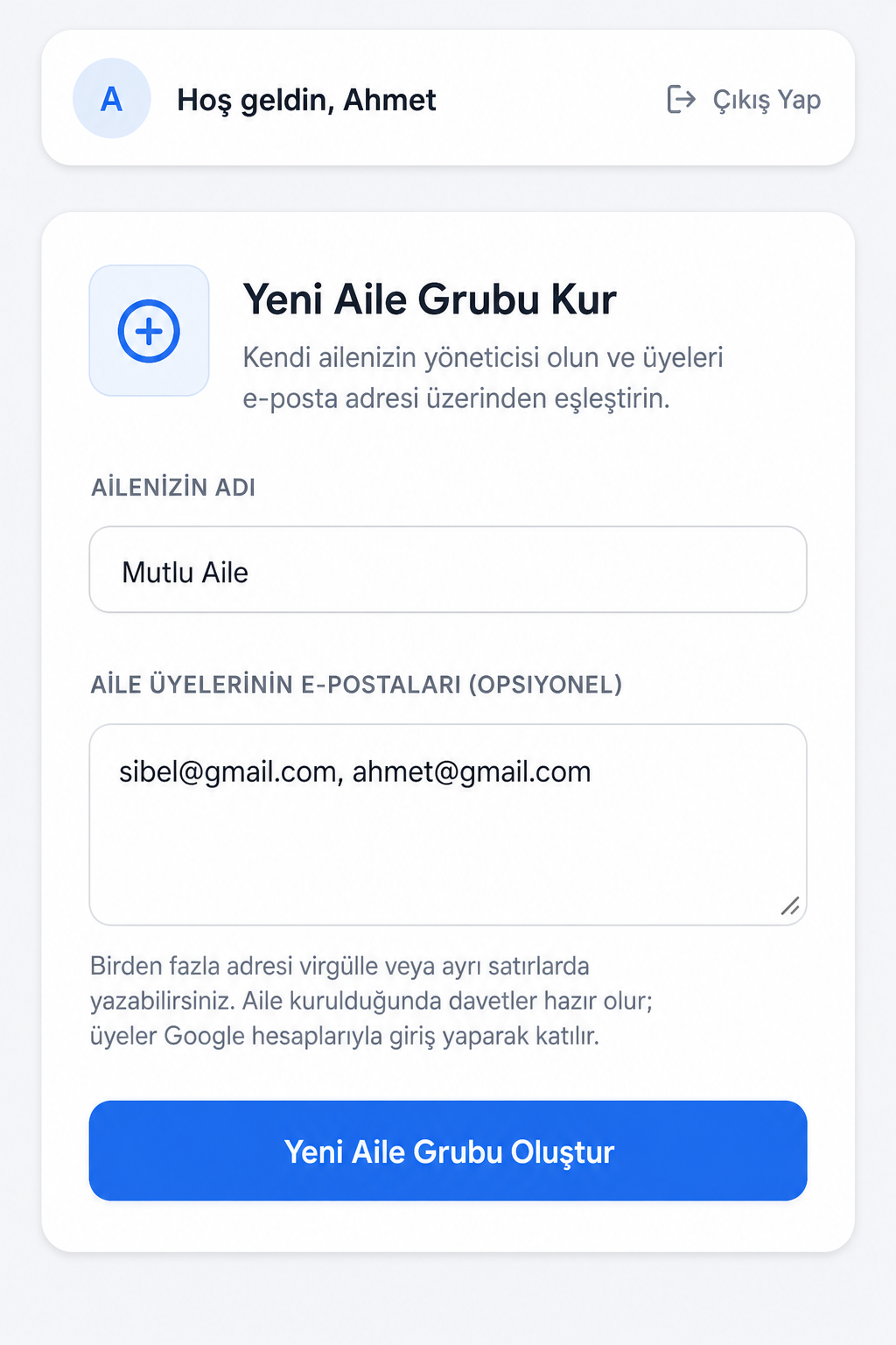 Yeni aile grubu oluşturma ekranı