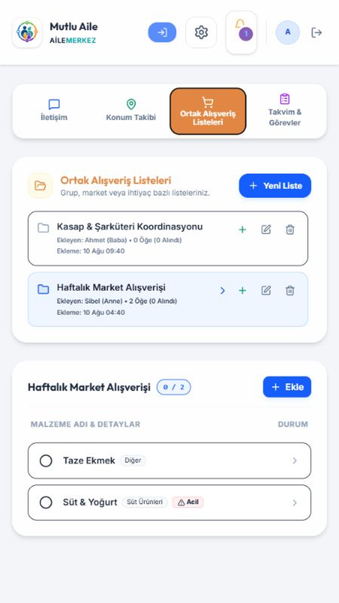 Ortak alışveriş listesi ekranı