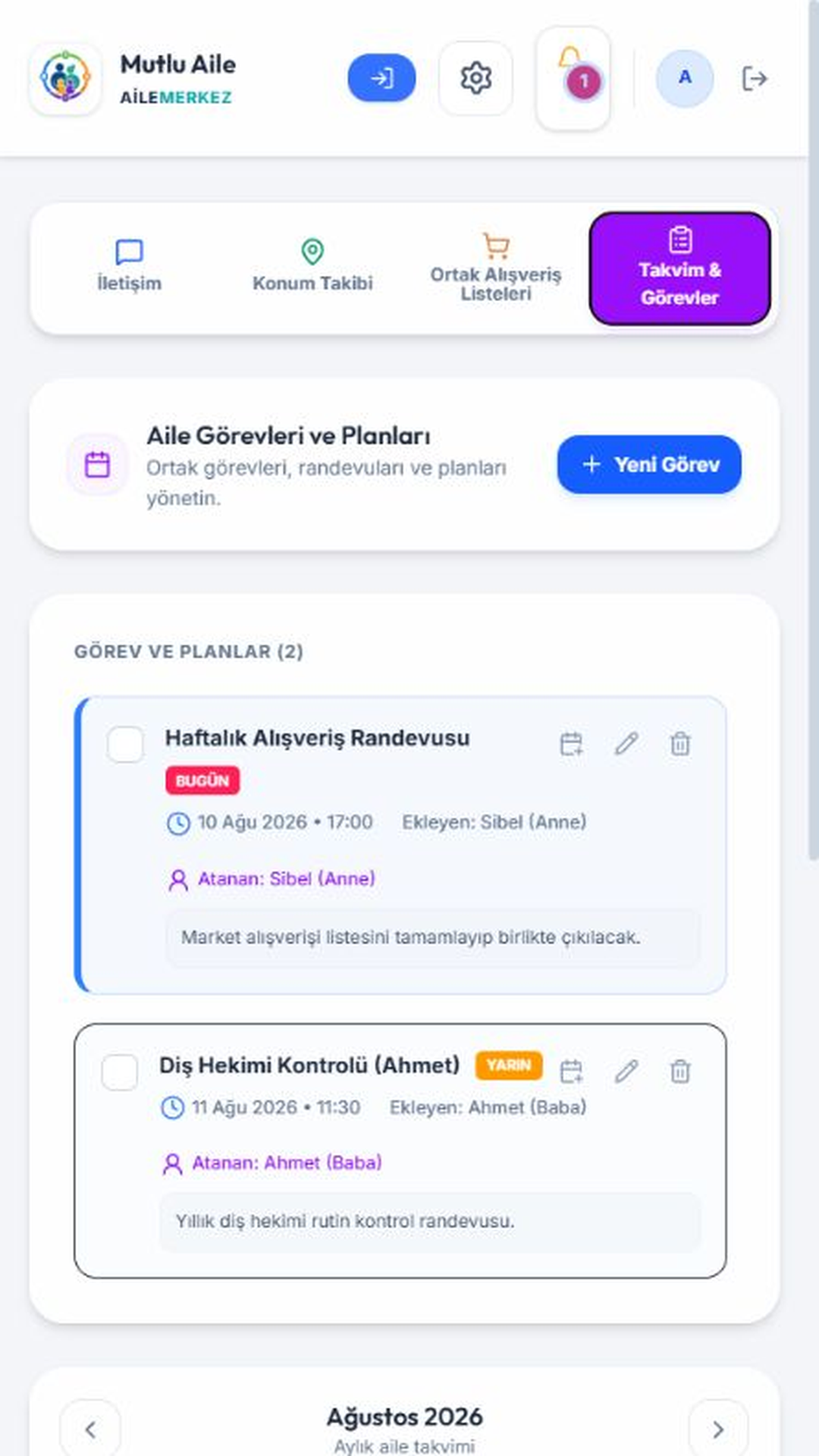 Görev ve hatırlatıcı ekranı