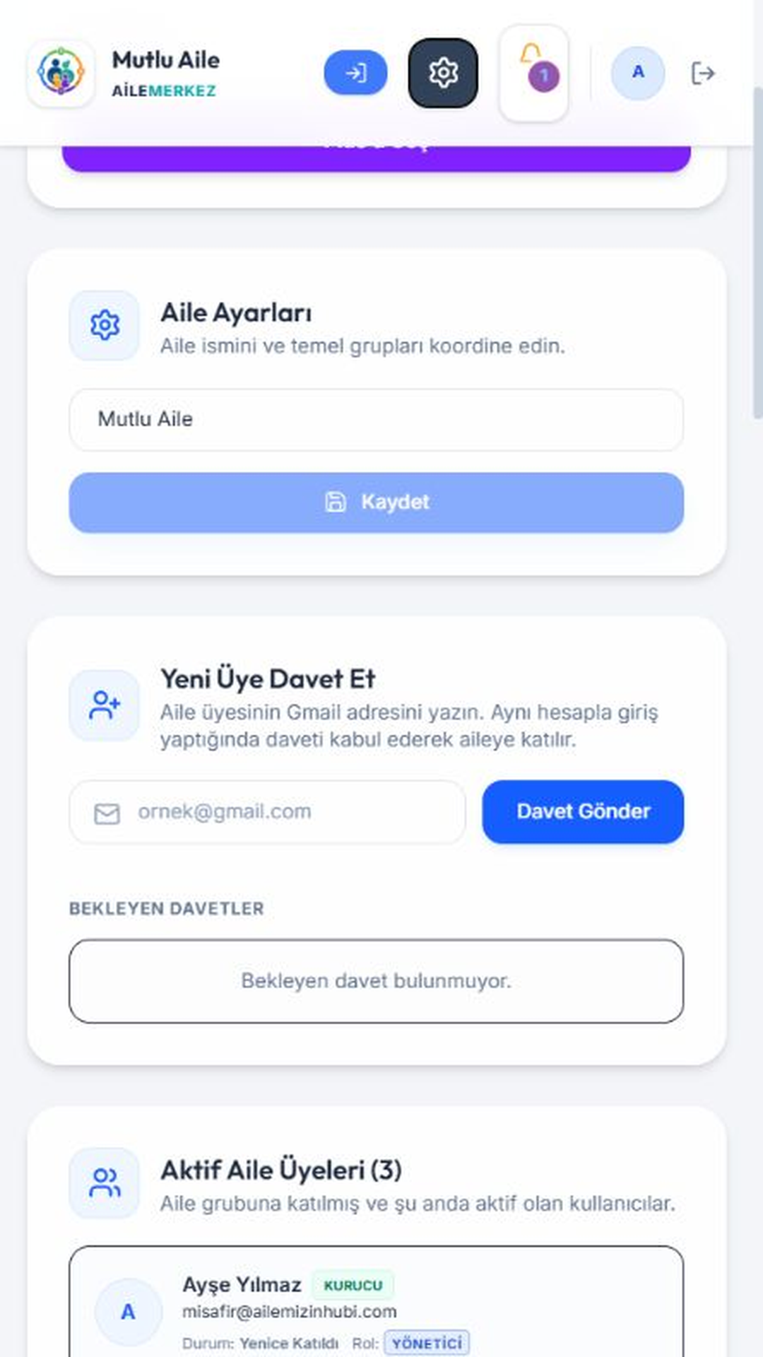 Aile yönetimi ekranı